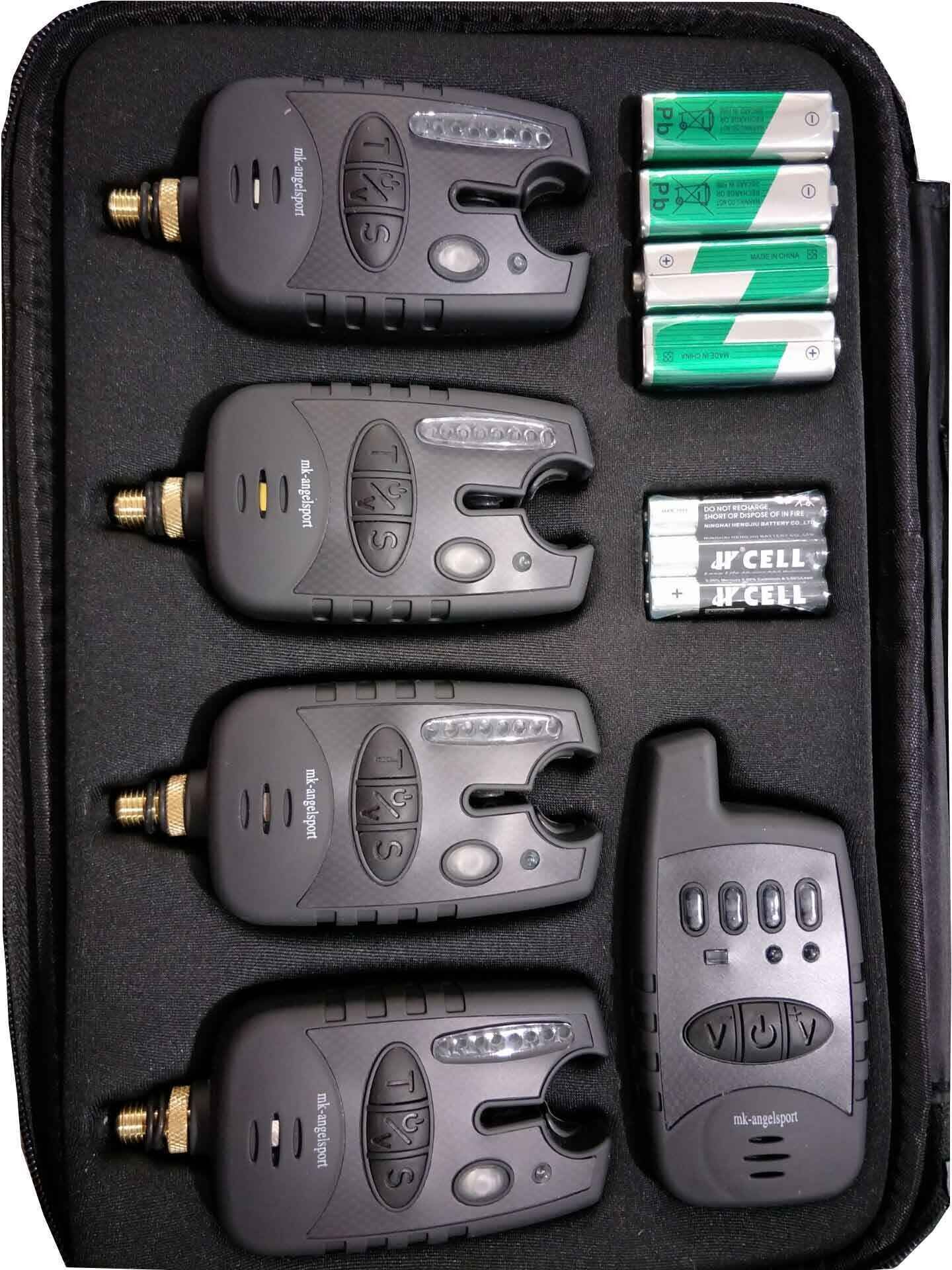 bissanzeiger_4plus1-set Avvisatori elettronici per la pesca alla carpa, essenziali per rilevare l'attività dei pesci.