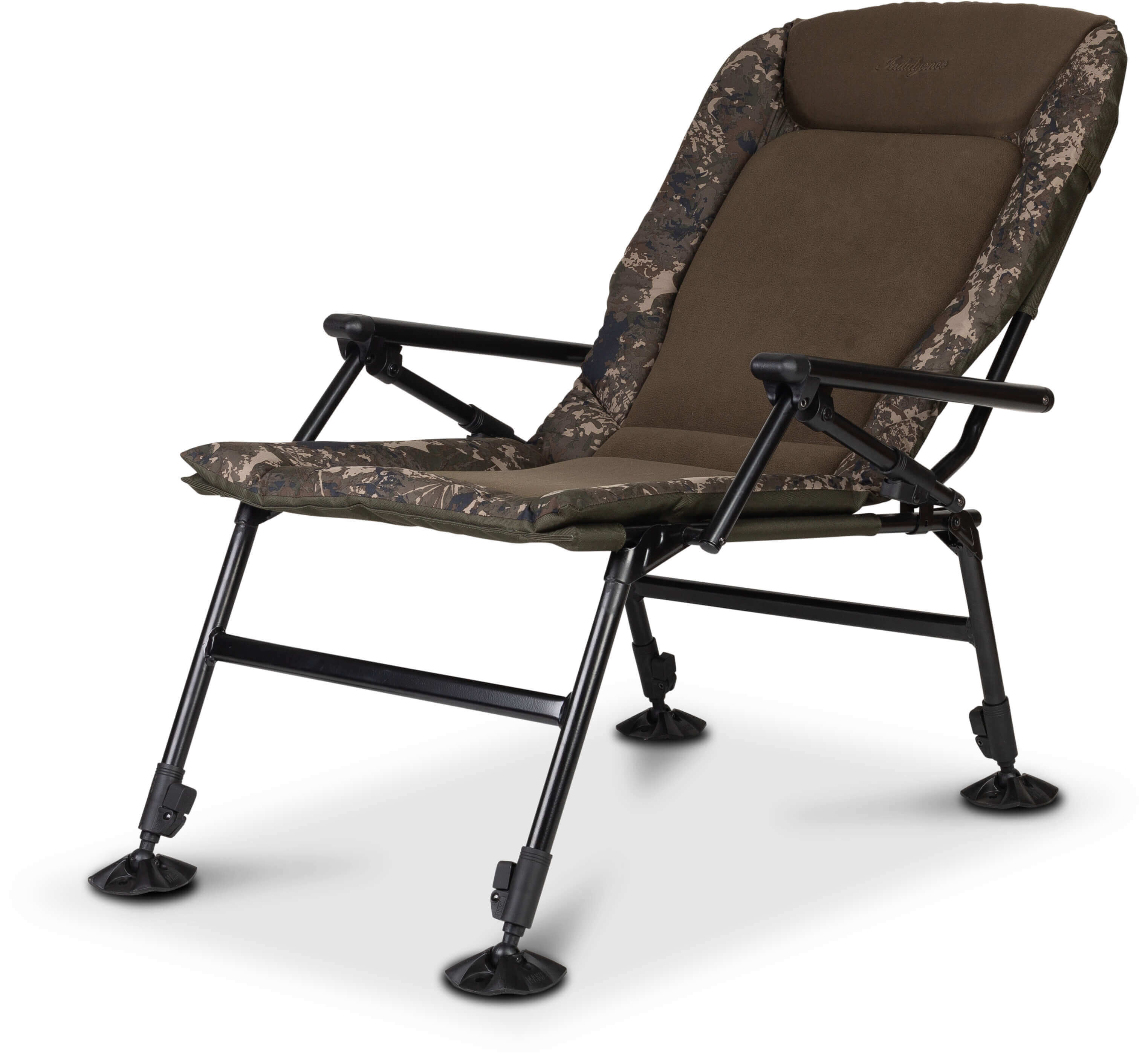 nash-indulgence-T9522-2 Chaise de pêche confortable conçue pour les pêcheurs de carpes, dotée de pieds et d'un rembourrage réglables.