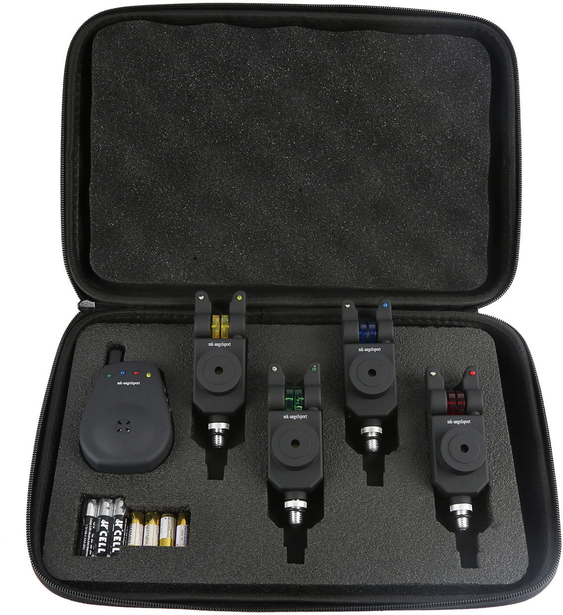 set-4-bet-indicator-receiver Alarma de picada electrónica para la pesca de carpas, incluye receptor y pilas en estuche.