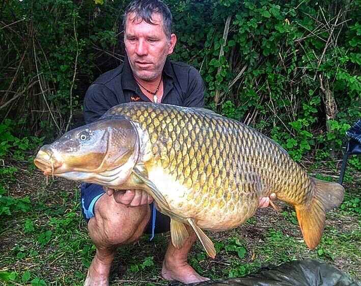 20kg_schuppenkarpfen Angler hält stolz einen großen Karpfen und präsentiert erfolgreiche Angeltechniken und Ausrüstung.