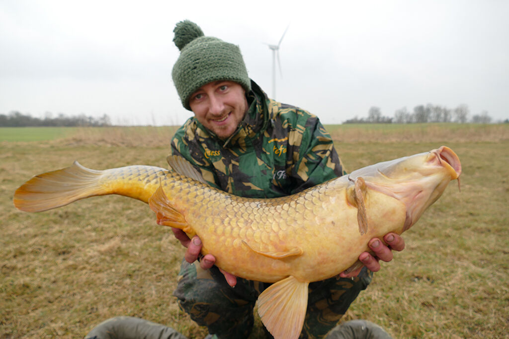 schuppi-mit-boilies-geangelt Angler hält stolz einen großen Karpfen und präsentiert erfolgreiche Angeltechniken und Ausrüstung.